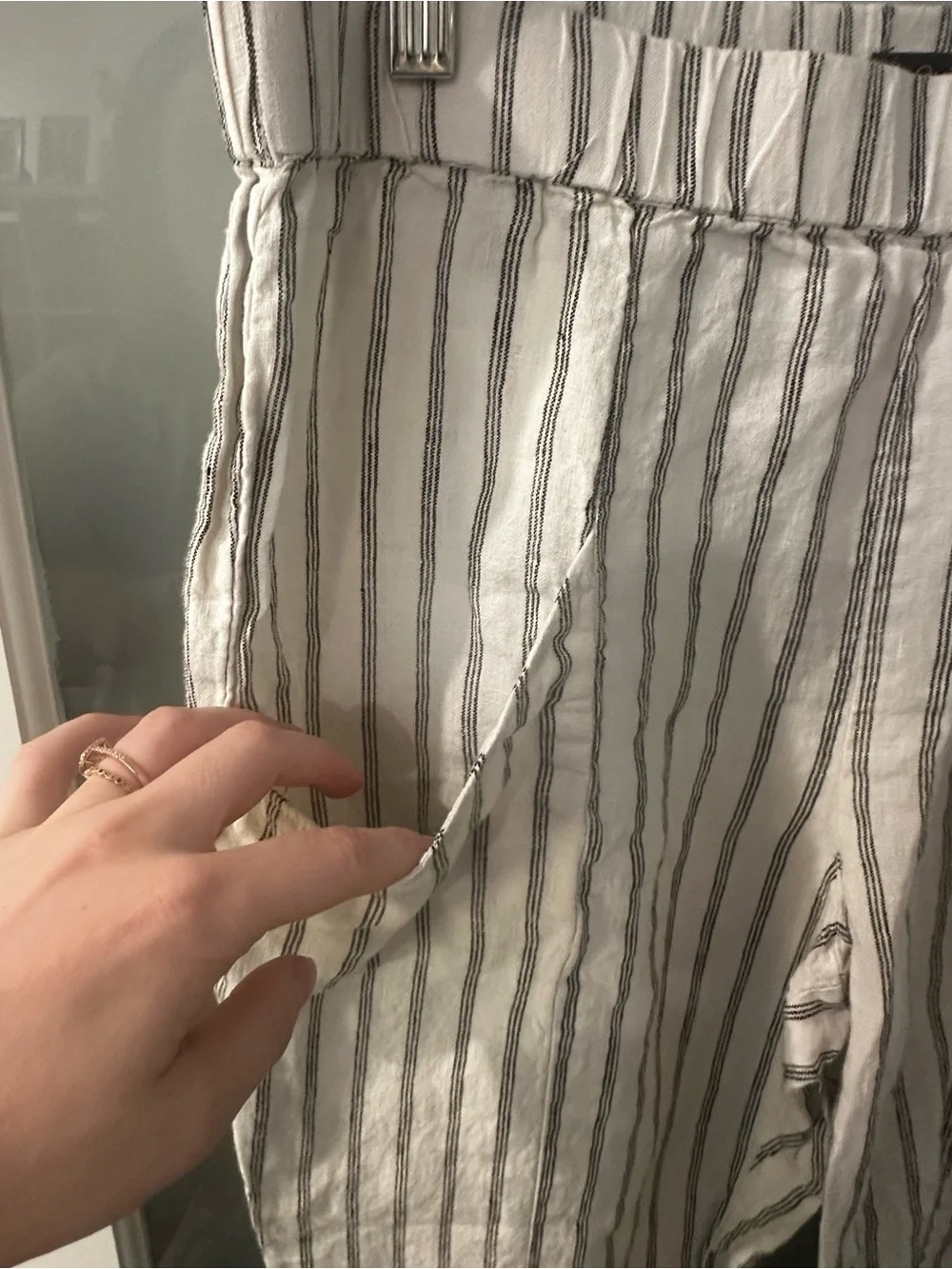 Quince Cream and Gray Striped Cotton-Linen Straight Leg Pants